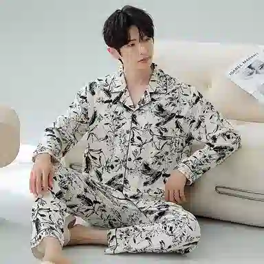 顶瓜瓜 花草满印翻领设计简约舒适可外穿家居服睡衣套装 男款