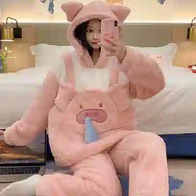 顶瓜瓜 珊瑚绒保暖加绒加厚长袖长裤连帽可爱甜美猪猪家居服冬季睡衣套装 女款