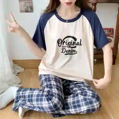 顶瓜瓜 夏季女透气简约休闲高级感短袖长裤家居服睡衣套装 女款