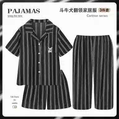 顶瓜瓜 冰丝短袖短裤翻领开衫可爱条纹凉感休闲家居服睡衣套装 女款