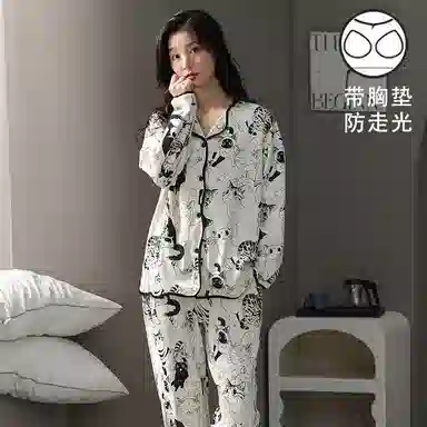 顶瓜瓜 仿棉女长袖长裤带胸垫开衫时尚休闲女家居服睡衣套装 女款
