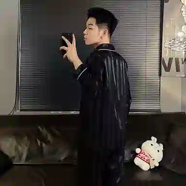 顶瓜瓜 翻领条纹卡通小熊简约风休闲舒适家居服睡衣套装 男款