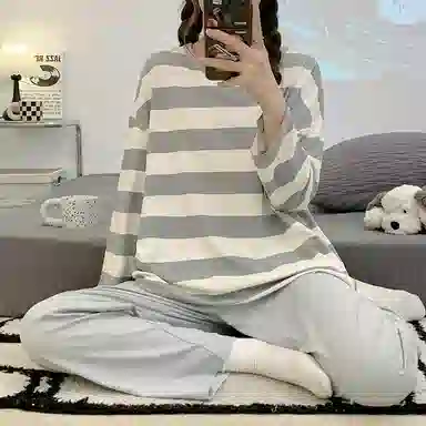 顶瓜瓜 设计简约圆领条纹图案舒适可外穿家居睡衣套装 女款