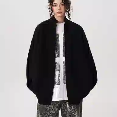 悍戈 双拉链立领宽松复古慵懒风秋冬女开衫加厚纯色外套针织衫 男女同款