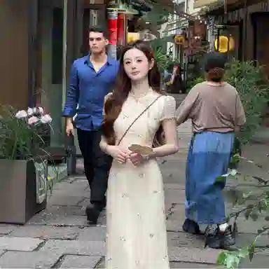 费尔岛上的猫 如梦如幻新中式竖条纹肌理花朵刺绣夏季旗袍长裙短袖连衣裙 女款