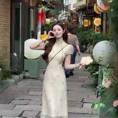 费尔岛上的猫 如梦如幻新中式竖条纹肌理花朵刺绣夏季旗袍长裙短袖连衣裙 女款