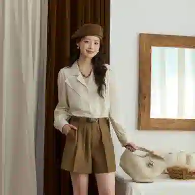 谜秀 杏色复古上衣长袖衬衫 女款