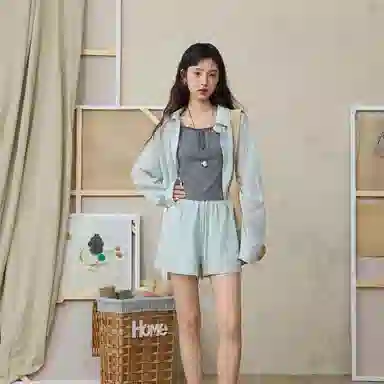 谜秀 薄荷绿亚麻三件套清爽感衬衫套装 女款