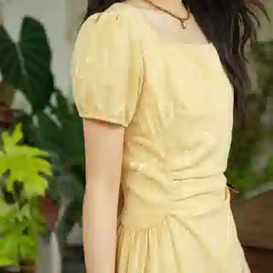 谜秀 提花国风泡泡袖短袖连衣裙 女款 姜黄色