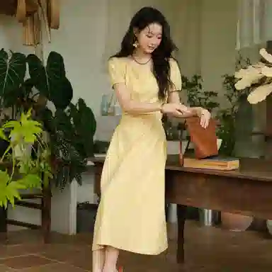 谜秀 提花国风泡泡袖短袖连衣裙 女款 姜黄色