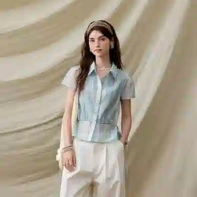 谜秀 渐变绿天丝夏季条纹常规短袖翻领法式衬衫 女款