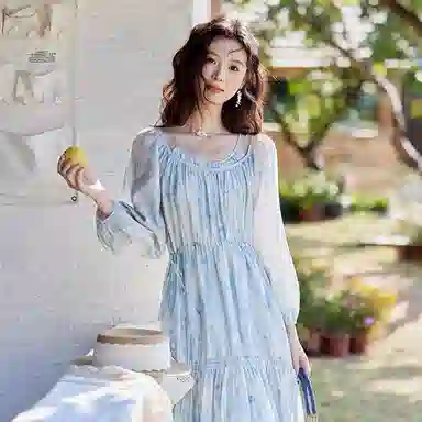 谜秀 时尚舒适百搭长袖连衣裙 女款 奈良蓝花