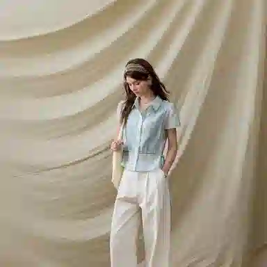 谜秀 渐变绿天丝夏季条纹常规短袖翻领法式衬衫 女款