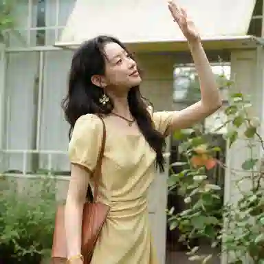 谜秀 提花国风泡泡袖短袖连衣裙 女款 姜黄色