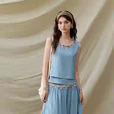 谜秀 流苏织带拼接无袖裙装套装 女款