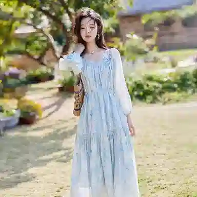 谜秀 时尚舒适百搭长袖连衣裙 女款 奈良蓝花