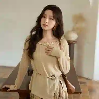 谜秀 杏色苎麻波西米亚针织衫 女款