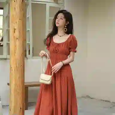 谜秀 红色波点复古韩版短袖连衣裙 女款