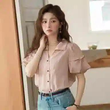 谜秀 复古法式条纹常规短袖翻领衬衫 女款