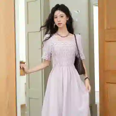 谜秀 蕾丝夏季纯色短袖连衣裙 女款 紫色