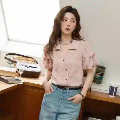 谜秀 复古法式条纹常规短袖翻领衬衫 女款