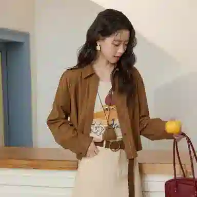 谜秀 焦糖色咖色绒面长袖法式衬衫 女款