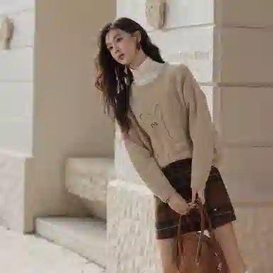 谜秀 圆领套头简约长袖针织衫 女款 燕麦色