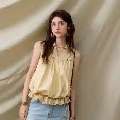 谜秀 翻领镂空花边纯色无袖法式衬衫 女款