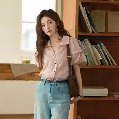 谜秀 复古法式条纹常规短袖翻领衬衫 女款