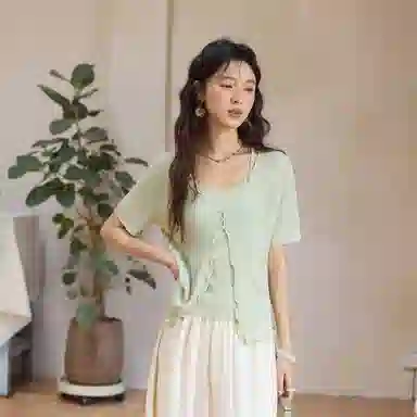 谜秀 薄荷绿短袖开衫纯色通勤针织衫 女款