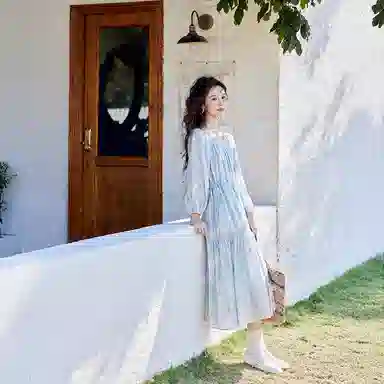 谜秀 时尚舒适百搭长袖连衣裙 女款 奈良蓝花