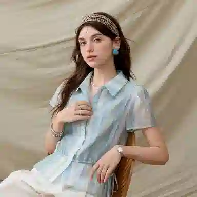 谜秀 渐变绿天丝夏季条纹常规短袖翻领法式衬衫 女款