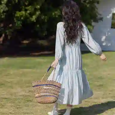 谜秀 时尚舒适百搭长袖连衣裙 女款 奈良蓝花