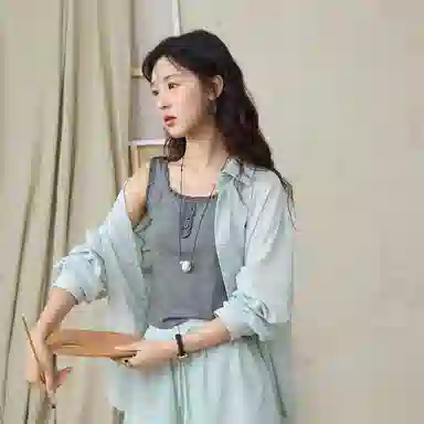 谜秀 薄荷绿亚麻三件套清爽感衬衫套装 女款