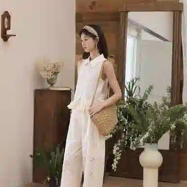 谜秀 蕾丝翻领镂空无袖短袖法式衬衫 女款