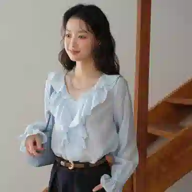 谜秀 蓝色荷叶边小衫衬衫 女款