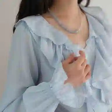 谜秀 蓝色荷叶边小衫衬衫 女款