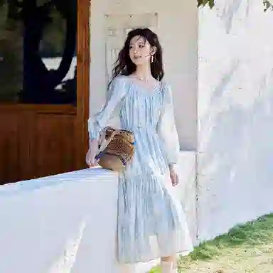 谜秀 时尚舒适百搭长袖连衣裙 女款 奈良蓝花