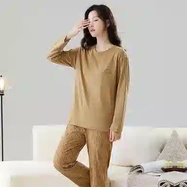 宜而爽 柔软家居服甜美休闲简约长袖长裤可外穿睡衣套装 女款 浅棕色