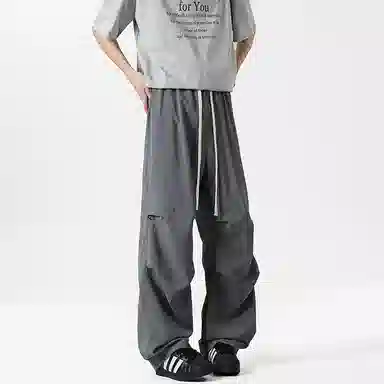 么宁 简约百搭褶皱感宽松直筒潮流时尚薄款舒适透气运动休闲裤 男女同款