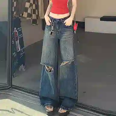如续 破洞阔腿高腰高街宽松牛仔裤 女款