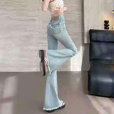 如续 美式复古毛边微喇修身高腰弹力拖地喇叭牛仔裤 女款