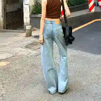 如续 侧缝线设计高腰微宽松喇叭拖地牛仔裤 女款