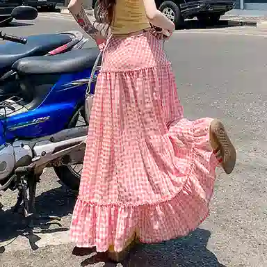 如续 韩系格纹拼接设计宽松休闲长裙 女款