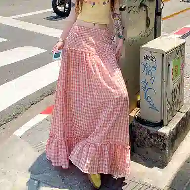 如续 韩系格纹拼接设计宽松休闲长裙 女款