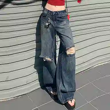 如续 破洞阔腿高腰高街宽松牛仔裤 女款