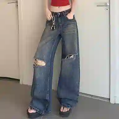 如续 破洞阔腿高腰高街宽松牛仔裤 女款