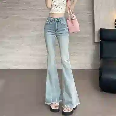 如续 美式复古毛边微喇修身高腰弹力拖地喇叭牛仔裤 女款