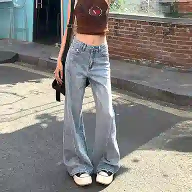 如续 侧缝线设计高腰微宽松喇叭拖地牛仔裤 女款