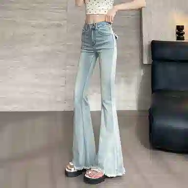 如续 美式复古毛边微喇修身高腰弹力拖地喇叭牛仔裤 女款